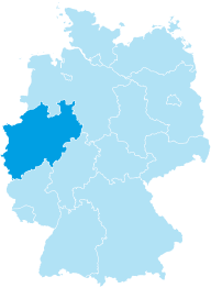 Map of Germany with the federal state of North Rhine-Westphalia coloured in cyan