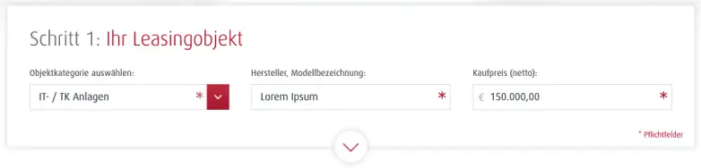 Screenshot of the first step (leasing object) of the leasing calculator of abcfinance