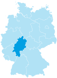 Map of Germany with the federal state of Hessen coloured in cyan