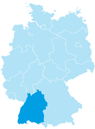 Map of Germany with the federal state of Baden-Württemberg coloured in cyan