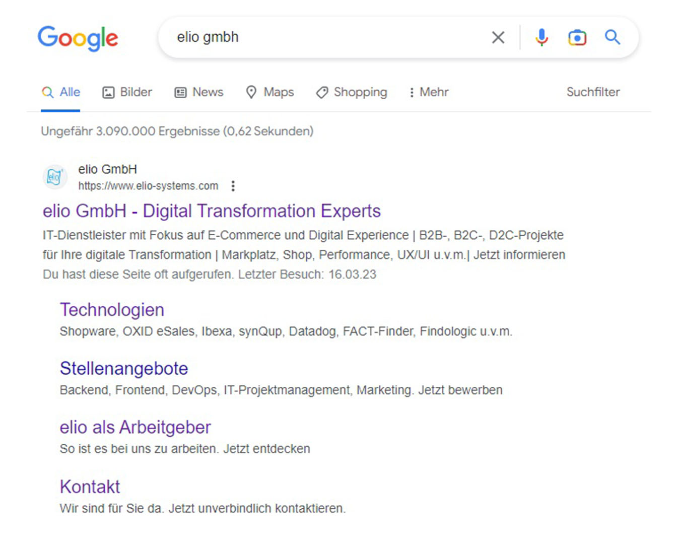 Screenshot einer SERP bei Suchanfrage elio gmbh