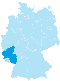 Map of Germany with the federal state of Rheinland-Pfalz coloured in cyan