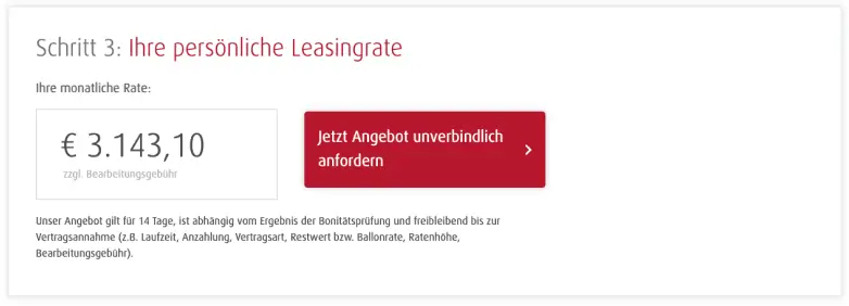 Screenshot of the third step (leasing rate) of the leasing calculator of abcfinance