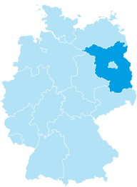 Map of Germany with the federal state of Brandenburg coloured in cyan