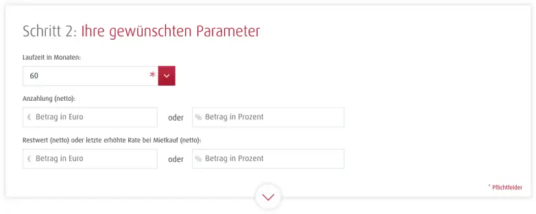 Screenshot des zweiten Schritts (Parameter) des Leasingrechners von abcfinance